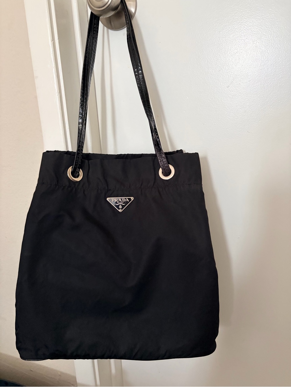 Prada Black Nylon Shoulder Tote with Patent Leather Straps
